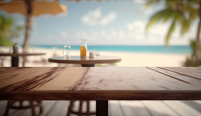 Wooden bar empty blank tabletop focused with blurry summer beach and sea view at cafe background, for mock up and montage product display advertisement, with Generative AI.