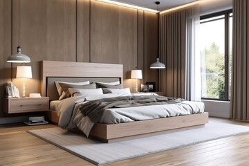 Modern bedroom design,Double bed | 3d render of luxury hotel room | white bedroom interior for mock-up,3D rendering | Stylish and modern sunny bedroom with plants,floral pattern bedding, Generative AI