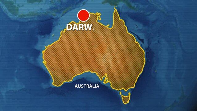 Designation of the borders of Australia on the map and the mark of the location of the city of Darwin