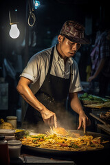 Naklejka premium Generative AI illustration of street chef in Bangkok Thailand cooks up a dish for happy customers at the night market