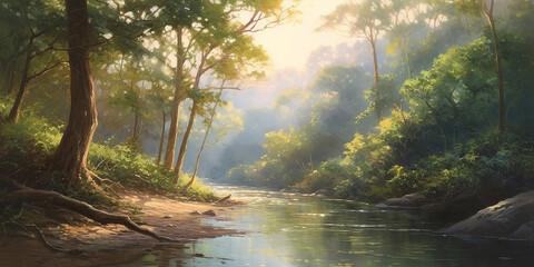 Tranquil River in a Verdant Canyon  Peaceful Watercolor Painting Generative Ai Digital Illustration - obrazy, fototapety, plakaty