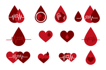 World Hemophilia Day vector illustrations set. Awareness sign symbol for Hemophilia with Earth planet, world map, red blood drop, red heart with heartbeat and pulse line. Blood donor day concept.