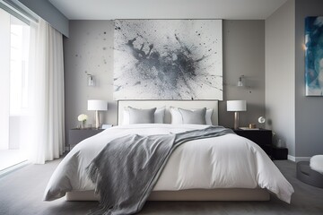 Modern bedroom interior. | Stylish interior of bedroom | bedroom interior mockup, wooden rattan bed on empty wall background, Scandinavian style, 3d render , Generative AI