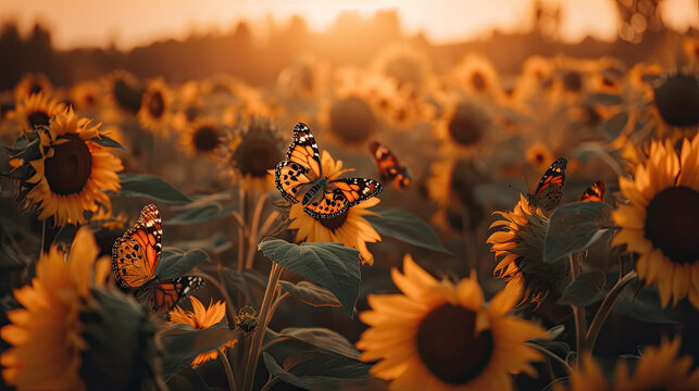 sunflowers and butterflies in the sunset. Generative AI image.