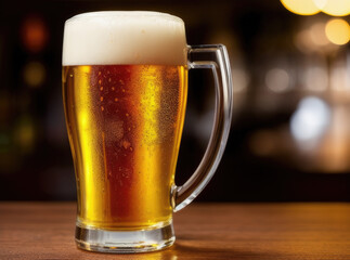 glass of beer on the wooden table with product placement 