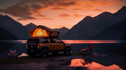Fototapeta na wymiar A car for adventures, camping at sunset