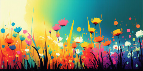 Obraz na płótnie Canvas Colorful rainbow painted flower meadow background Generative AI