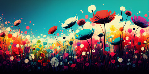 Obraz na płótnie Canvas Colorful rainbow painted flower meadow background Generative AI