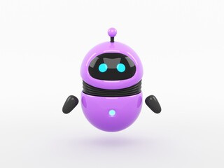 Cute purple robot with screen face and blue eyes, 3d render isolated on white background, rounded bot assistant