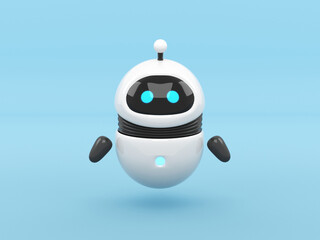 Cute white robot with screen face and blue eyes, 3d render isolated on white background, rounded bot assistant