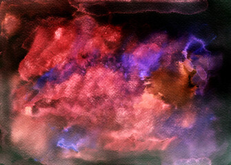 Watercolor blure. Bright colors on a black background. Reminiscent of space. Pastel pink, blue, red and brown shades. 
