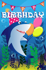 Obraz na płótnie Canvas A card or poster with cartoon shark holding balloons and congratulations Happy Birthday, vector illustration