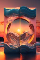 Wavepool Surreal Landscape Twilight Sunset Ocean Water Summer Product Display Podium Generative AI