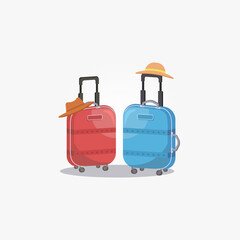 Illustration Simple Small Suitcase Trolley on Wheels. Vacation Trip Suitcase in Red and Blue Color with Hat Isolated on White Background.