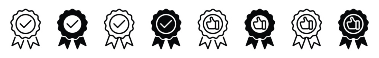 Approved or certified icons vector. Approval check sign and symbol collection. Certified badge icon in line and flat style. Best or top quality medal icons. Vector illustration
