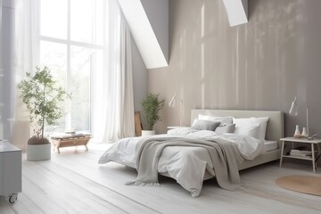 Fototapeta na wymiar Modern Scandinavian interior of Bedroom ,wood bed and bedside table | Bedroom in a minimalist style | contemporary bedroom | Stylish bedroom interior | Bedroom interior. 3d render, Generative AI