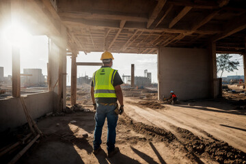 Man working on a construction site, from the back, wearing a protective helmet. Generative AI