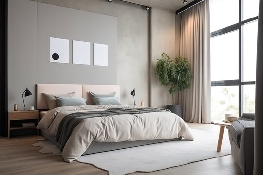 Modern Scandinavian interior of Bedroom ,wood bed and bedside table | Bedroom in a minimalist style | contemporary bedroom | Stylish bedroom interior | Bedroom interior. 3d render, Generative AI