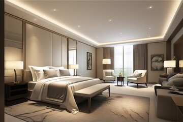 3d render Nordic style bedroom | Luxurious bedroom in a neoclassical style | Master bedroom interior in luxury apartment | Modern bedroom interior with concrete walls, Generative AI