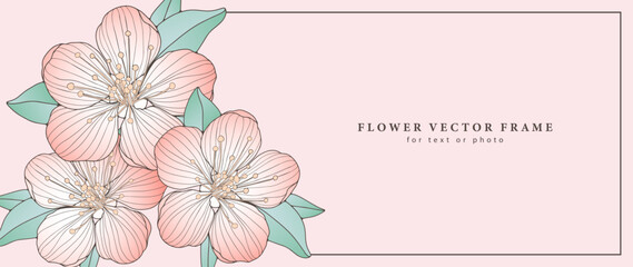 Vector delicate floral frame for photo, text, presentations, diplomas, postcards with pink cherry blossom and green leaves
