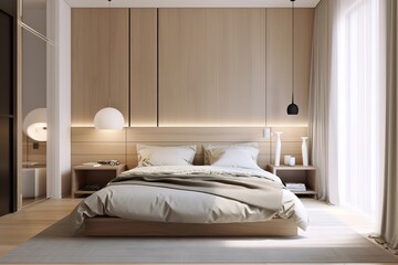 Modern classic bedroom 3d render. The rooms have wooden floors and white walls. Furnished with black wood furniture | Stylish bedroom interior | Bedroom interior. 3d render, Generative AI