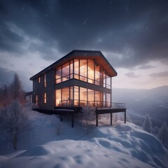 Modern house in a snowy mountain, architectural photography.