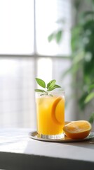 Glass of freshly pressed orange juice with sliced orange