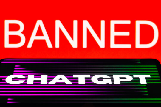 April 5, 2023, Brazil. In this photo illustration, the ChatGPT logo is seen displayed on a smartphone and the banned text on the red background.
