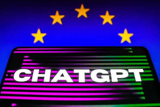 April 5, 2023, Brazil. In this photo illustration, the ChatGPT logo is seen displayed on a smartphone and the background the flag of the European Union.
