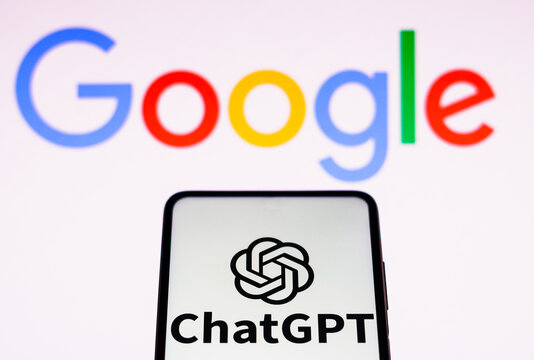 April 5, 2023, Brazil. In this photo illustration, the ChatGPT logo is seen displayed on a smartphone and background the Google company logo.