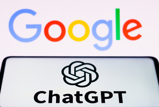 April 5, 2023, Brazil. In this photo illustration, the ChatGPT logo is seen displayed on a smartphone and background the Google company logo.