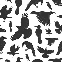 Ravens seamless pattern. Cute crow birds isolated on white background. Flat vector illustration.