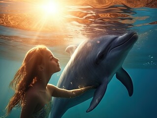 cute girl swims with dolphin at sunset in the style of photo-realistic landscape