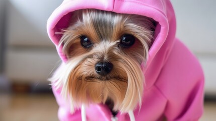 Cute Yorkshire terrier dog in a pink hoodie is looking at the camera. Generative Ai.