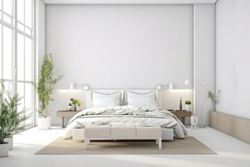 Modern bedroom design,Double bed | 3d render of luxury hotel room | white bedroom interior for mock-up,3D rendering | Stylish and modern sunny bedroom with plants,floral pattern bedding, Generative AI