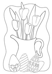 Easter coloring page for kids spring easter tulips A3  flowers in a vase spring easter eggs