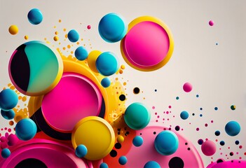 Abstract modern art background style design with circles and spots in colorful pink, blue, yellow, red, green, and purple on light beige or white background. Generative AI