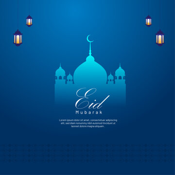 Eid Card Design, Ready for print, Eid mubarak banner with hanging lantern and text.