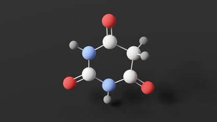 barbituric acid molecule, molecular structure, 6-hydroxyuracil, ball and stick 3d model, structural chemical formula with colored atoms