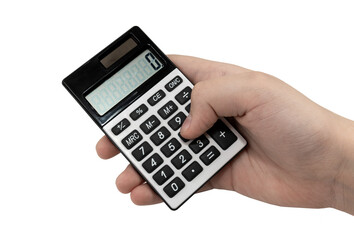 A hand holds a calculator on a white background. Mathematics. Business. Office