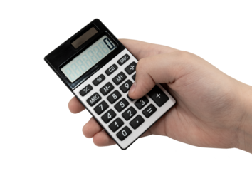 A hand holds a calculator on a white background. Mathematics. Business. Office