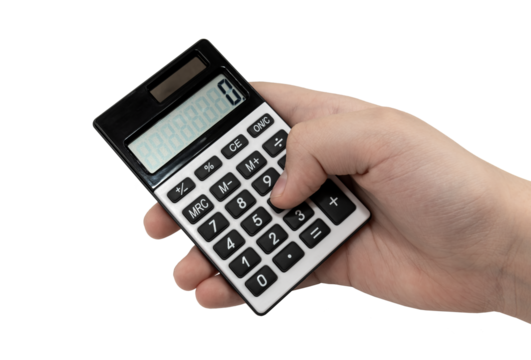 A hand holds a calculator on a white background. Mathematics. Business. Office - Powered by Adobe
