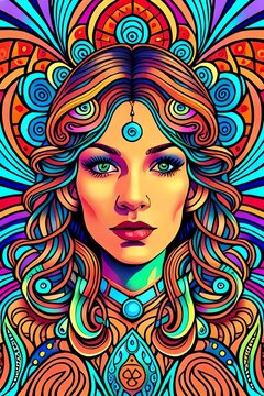 Dmt psychedelic trippy sacred geometry hyperbolic geometry patterned portable of a beautiful woman's face wearing headphones, bright colours, highly detailed, vaperwave, --ar 2:3