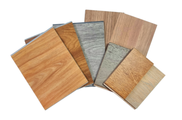 wooden vinyl flooring tiles, engineering flooring tiles, laminated veneers samples isolated on background with clipping path. multi texture and color of interior finishing material samples swatch.