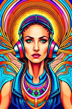 Dmt psychedelic trippy sacred geometry hyperbolic geometry patterned portable of a beautiful woman's face wearing headphones, bright colours, highly detailed, vaperwave