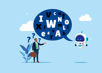 Robot talk with jargon word in speech make user confused. Difficult to explain. Artificial intelligence technology. Flat vector illustration. - obrazy, fototapety, plakaty