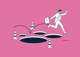 Jump pitfalls and achieve business success. Modern vector illustration in flat style - obrazy, fototapety, plakaty