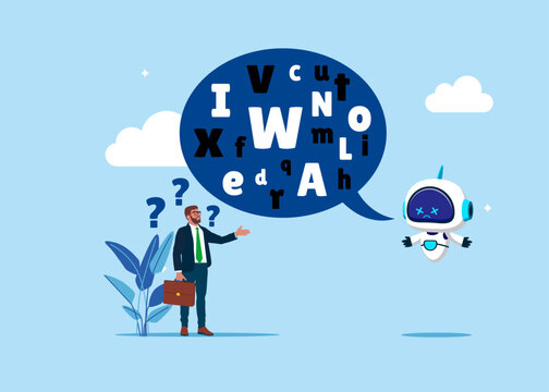 Robot talk with jargon word in speech make user confused. Difficult to explain. Artificial intelligence technology. Flat vector illustration.