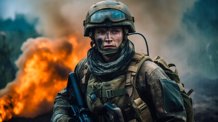 Ukrainian soldier on the front line. AI-generated fictional character 