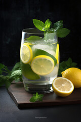 summer drink with lemons, limes and fresh mint close up view. Generative Ai